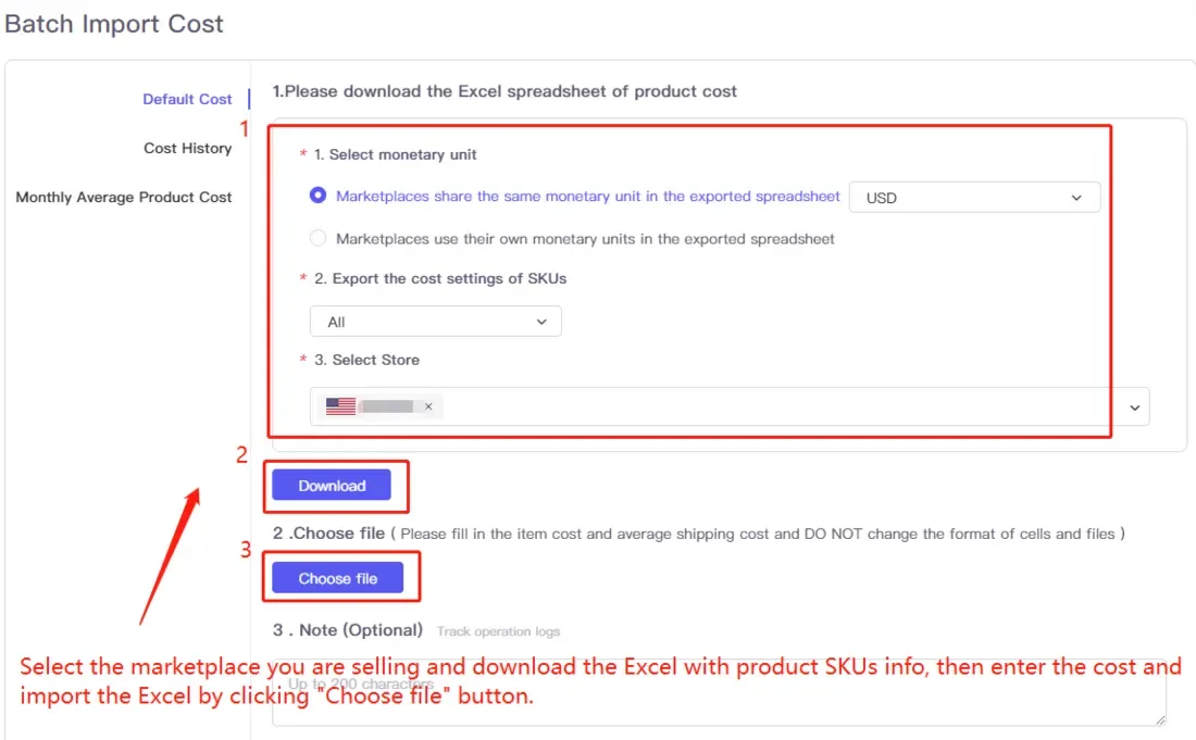 tool4seller interface showing How to add the cost of your product in bulk.