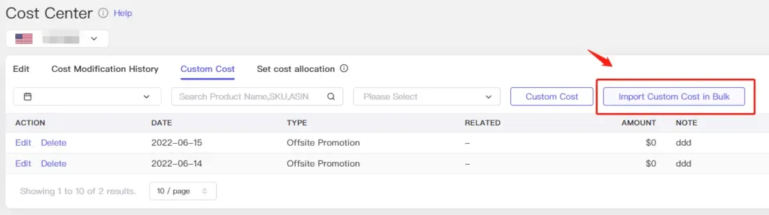 tool4seller use the Custom Cost for accurate net profit calculation interface showing cost Center © tele and Custom Cost.