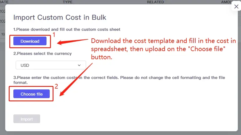 tool4seller use the Custom Cost for accurate net profit calculation interface showing import Custom Cost in Bulk and spreadsheet, then upload on the "Choose file.