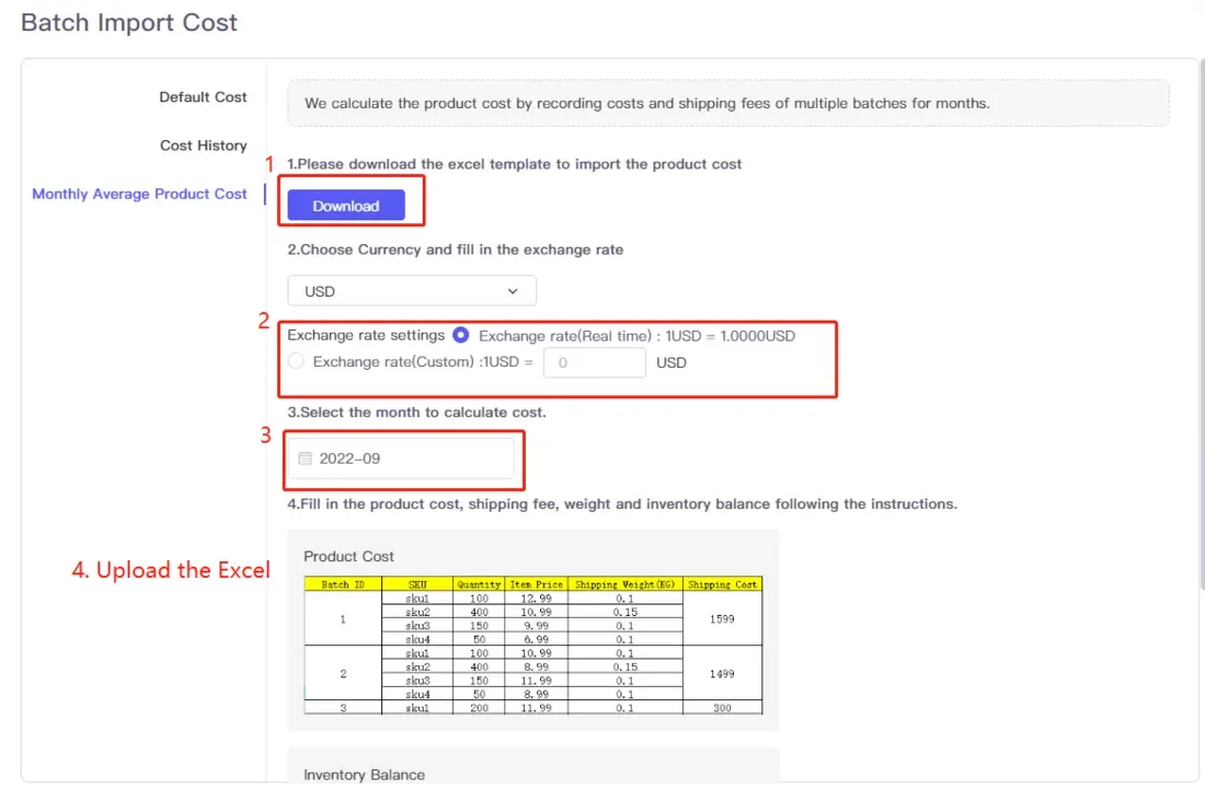 tool4seller use the Custom Cost for accurate net profit calculation interface showing batch Import Cost and Default Cost.