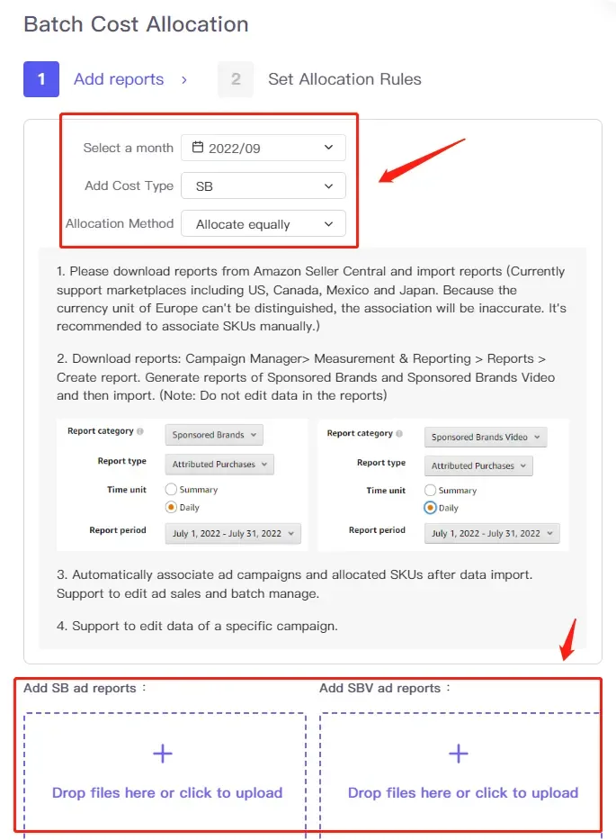 tool4seller use the Custom Cost for accurate net profit calculation interface illustrating please download reports from Amazon Seller Central and import reports (Currently support marketplaces.