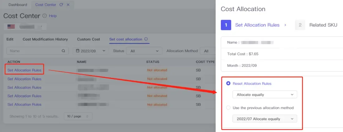 tool4seller use the Custom Cost for accurate net profit calculation interface illustrating you can also reset the allocation rules.