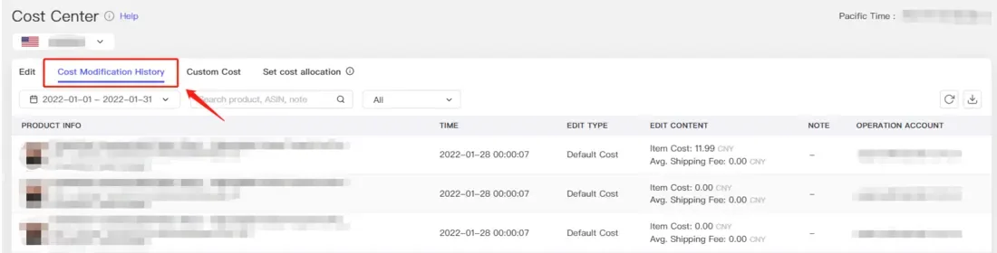 tool4seller use the Custom Cost for accurate net profit calculation interface illustrating how to check all the cost modification history and from whom?