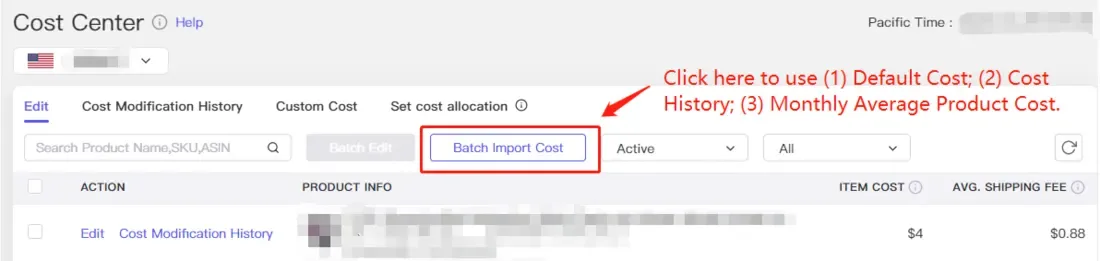 tool4seller use the Custom Cost for accurate net profit calculation interface showing cost Center © telp and Pacific Time.