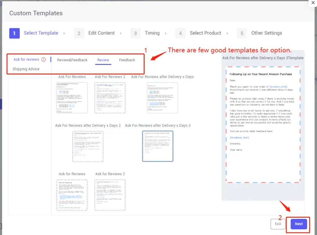 tool4seller use the Email Automation to request reviews and boost ratings interface showing custom Templates and Edit Content.