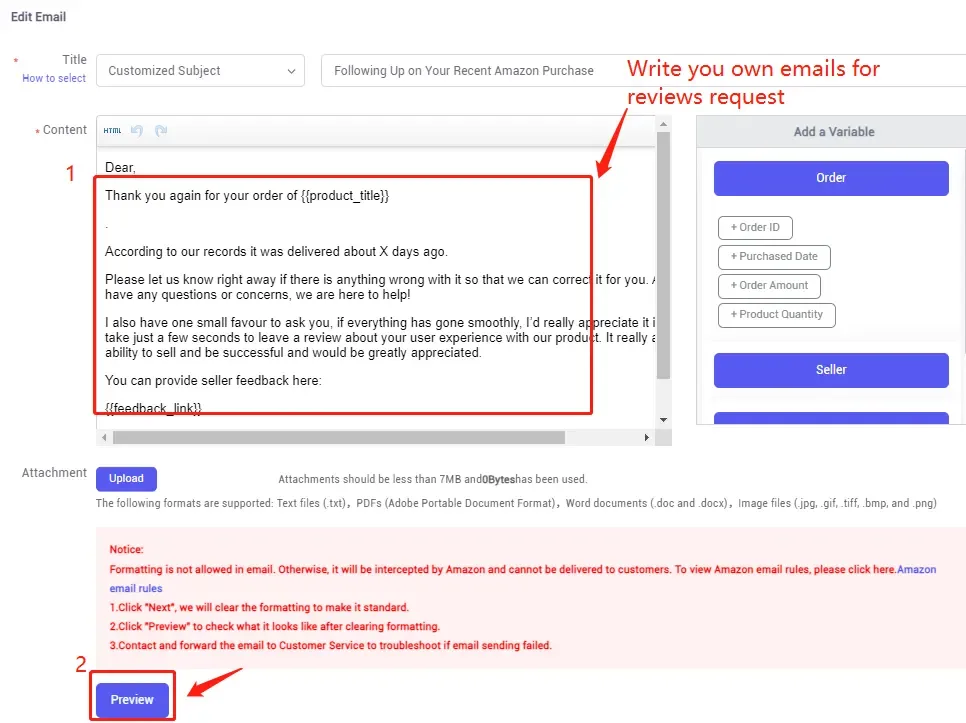 tool4seller use the Email Automation to request reviews and boost ratings interface showing edit Email and How to select.