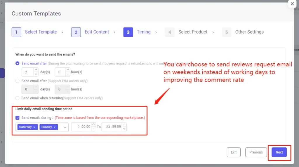 tool4seller use the Email Automation to request reviews and boost ratings interface illustrating it allows you to set the time and days when your buyers will receive the requested email.