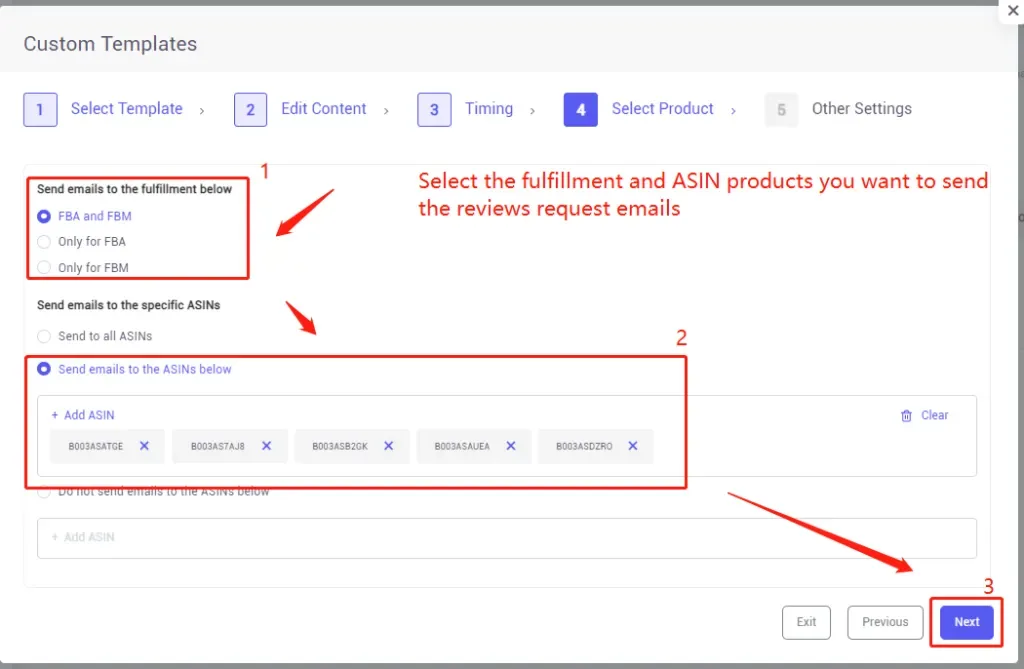 tool4seller use the Email Automation to request reviews and boost ratings interface illustrating select the type of fulfillment and product you want to send the review request automatically.