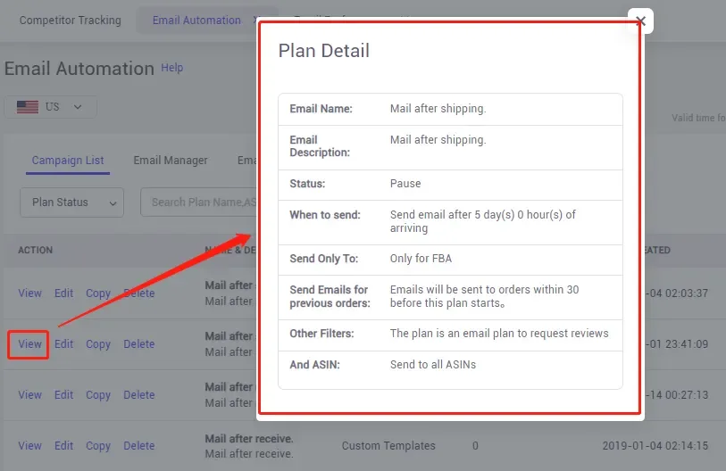 tool4seller use the Email Automation to request reviews and boost ratings interface illustrating click the "View" to check the campaign information.
