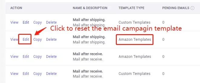 tool4seller use the Email Automation to request reviews and boost ratings interface showing tEMPLATE TYPE and NAME & DESCRIPTION.
