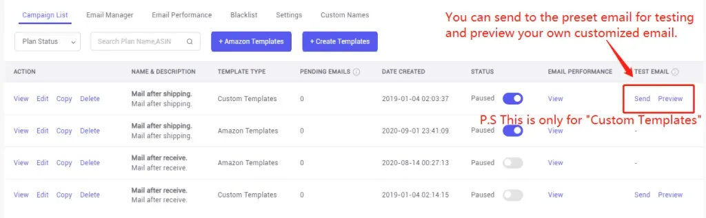 tool4seller use the Email Automation to request reviews and boost ratings interface illustrating select the "Send" button to test the email you write or preview it before you enable the email.