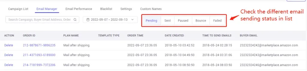 tool4seller use the Email Automation to request reviews and boost ratings interface illustrating manage and check the email status (Pending, Sent, Suspended, Bounced, and Fail ed).