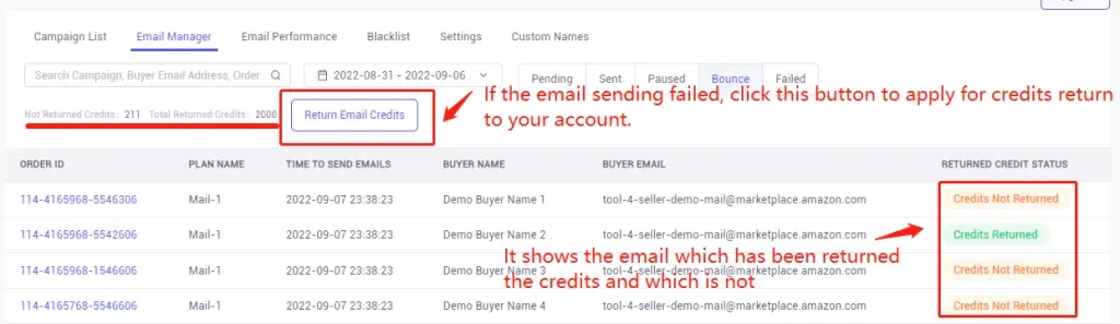 tool4seller use the Email Automation to request reviews and boost ratings interface illustrating if the email sending failed.