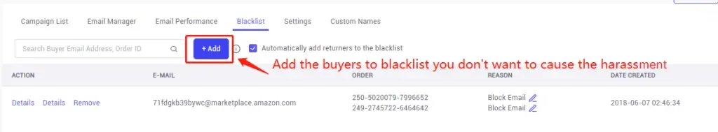tool4seller use the Email Automation to request reviews and boost ratings interface illustrating add the buyers to the blacklist you don't want to cause harassment.