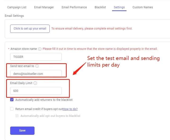 tool4seller use the Email Automation to request reviews and boost ratings interface illustrating set up the email of your Amazon store name, daily email limit, and test email.