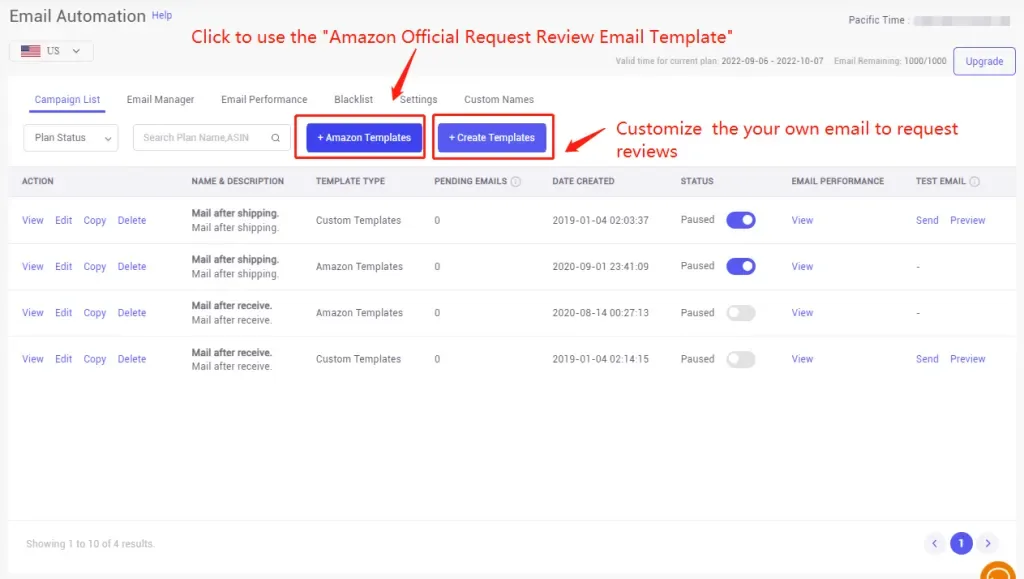 tool4seller use the Email Automation to request reviews and boost ratings interface illustrating the "Email Automation" supports the creation of 2 templates for review request automation: "Amazon.