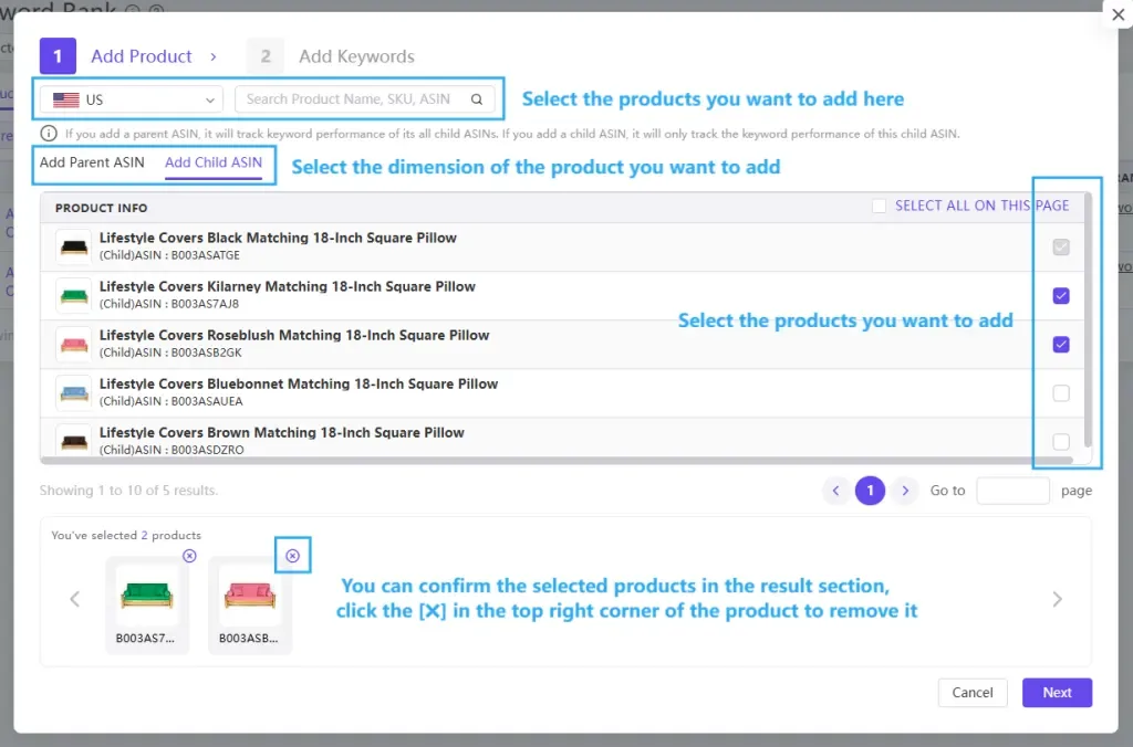 tool4seller use the Keyword Rank to monitor performance interface illustrating selecting a parent ASIN: Tracks the ranking performance of all child ASINs under the parent ASIN.