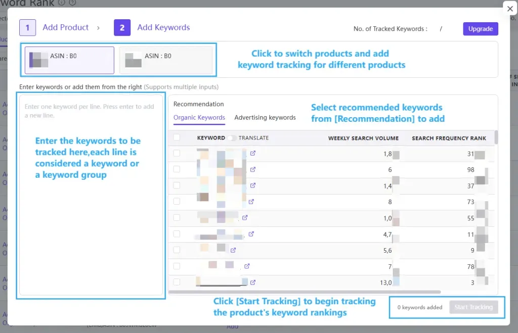tool4seller use the Keyword Rank to monitor performance interface illustrating on the left side is the keyword input area, where each line represents a keyword (or a keyword group).