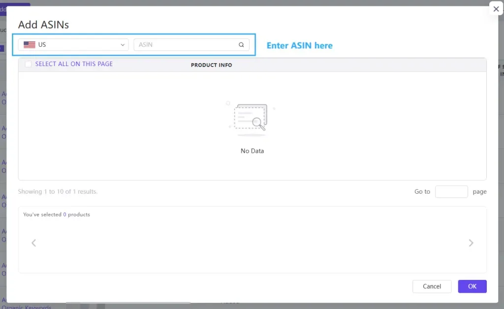 tool4seller use the Keyword Rank to monitor performance interface showing add ASINs and Enter ASIN here.