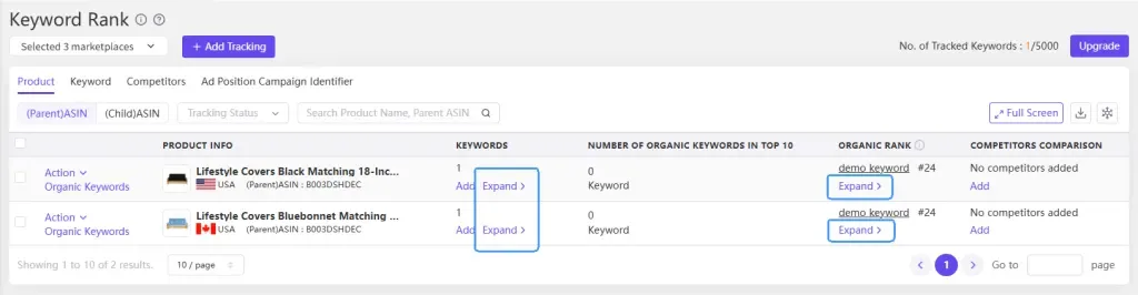 tool4seller use the Keyword Rank to monitor performance interface illustrating view the ranking performance of different keywords under a specific product.