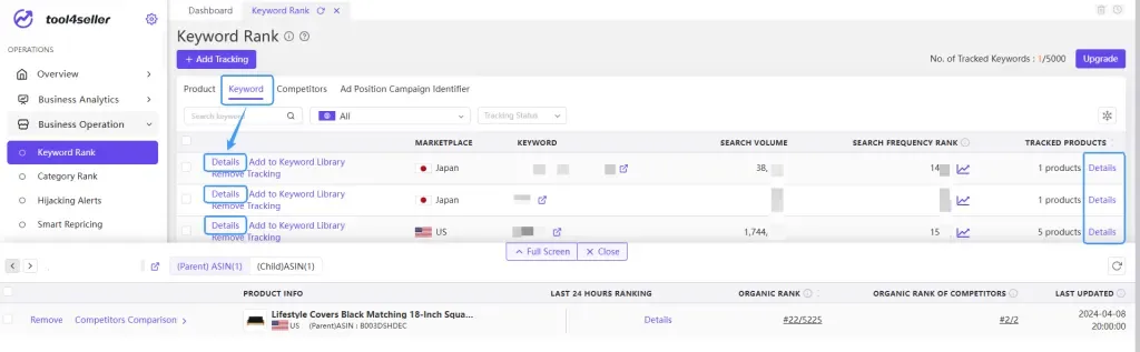 tool4seller use the Keyword Rank to monitor performance interface illustrating view the ranking performance of different products under a specific keyword.