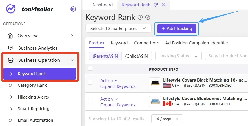 tool4seller use the Keyword Rank to monitor performance interface illustrating click on the "Add Tracking" button to select a product you're selling.
