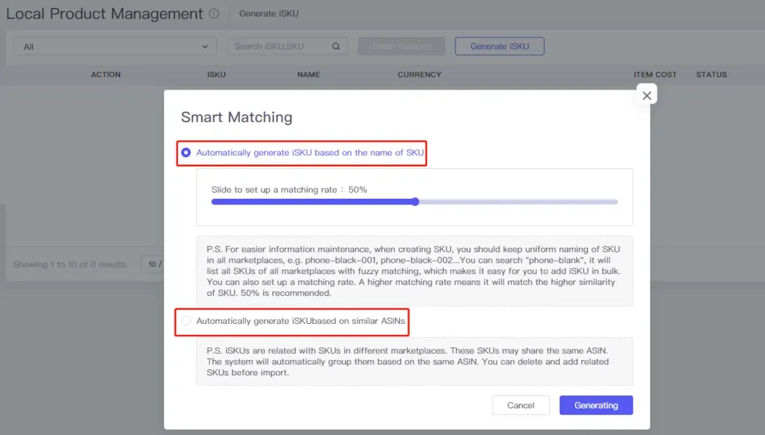 tool4seller use the Local Product Management and Local Product Analysis interface showing smart Matching and Slide to set up a matching rate.