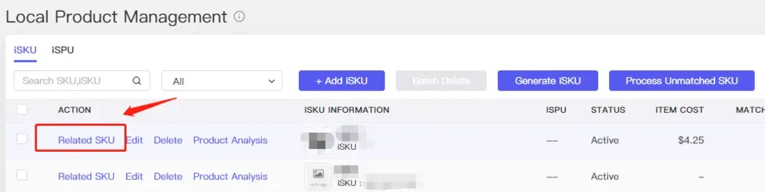 tool4seller use the Local Product Management and Local Product Analysis interface illustrating click on the Check and edit the related SKU to add or delete the association among iSKU and SKUs across.