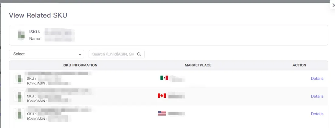 tool4seller use the Local Product Management and Local Product Analysis interface showing view Related SKU and ISKU INFORMATION.