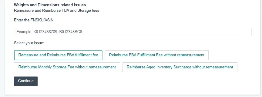 tool4seller interface showing Based on the prompt, enter the FNSKU/ASIN that needs to be re-measured and compensated.