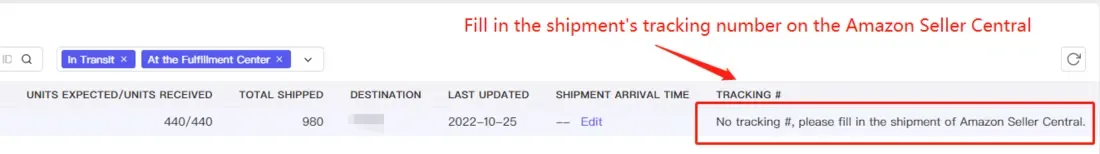 tool4seller interface showing Add the tracking number of your shipments on the "Manage FBA Shipments" page of Amazon seller.