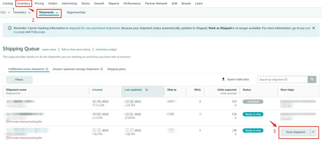 tool4seller use the Shipments Manager to track my packages interface showing pricing Orders Advertising and Stores Growth.