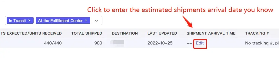 tool4seller use the Shipments Manager to track my packages interface illustrating click the "Edit" button to enter the shipment arrival date.