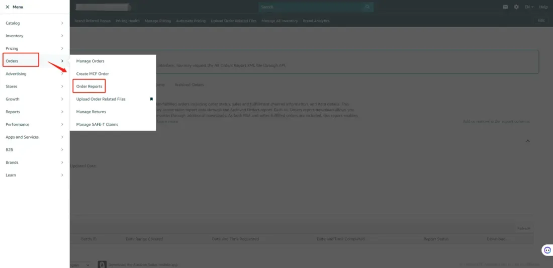 Amazon Fulfillment Reports interface.