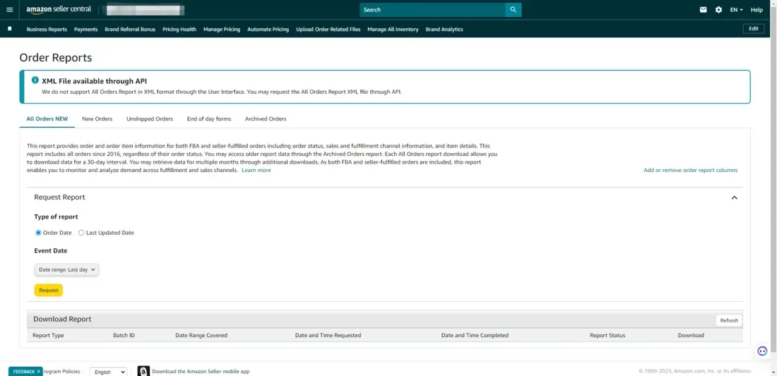 tool4seller interface showing Amazon Order Reports.