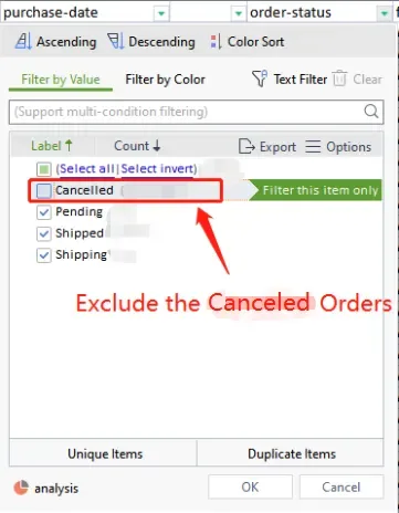 tool4seller interface showing Exclude the canceled orders on the order-status column.