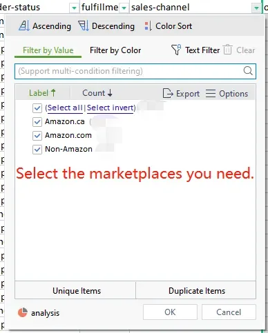 tool4seller interface showing Select the marketplaces you need on the sales-channel column.