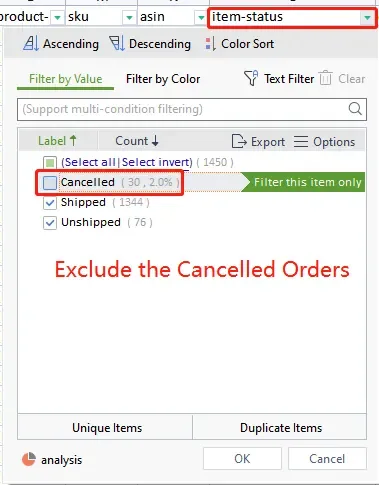 tool4seller interface showing Then, exclude the canceled orders on the item-status column.