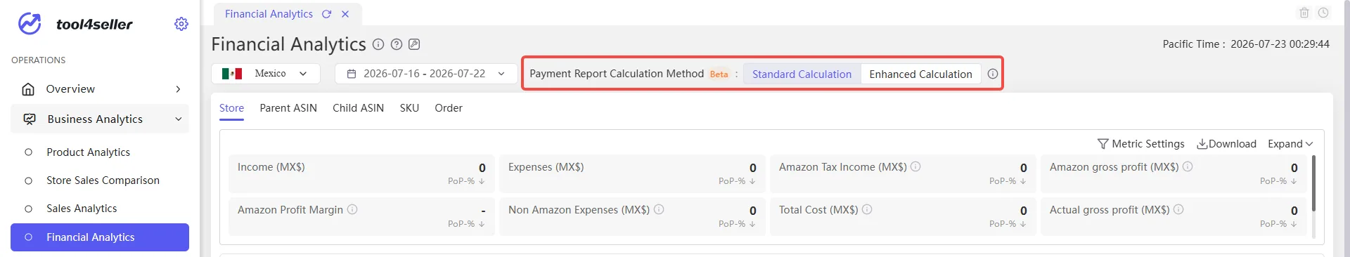 tool4seller Financial Analytics page showing the Payment Report Calculation Method setting with Standard Calculation and Enhanced Calculation options.