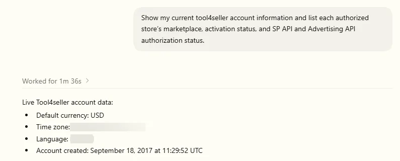 Claude chat displaying tool4seller account information returned through the tool4seller MCP connection