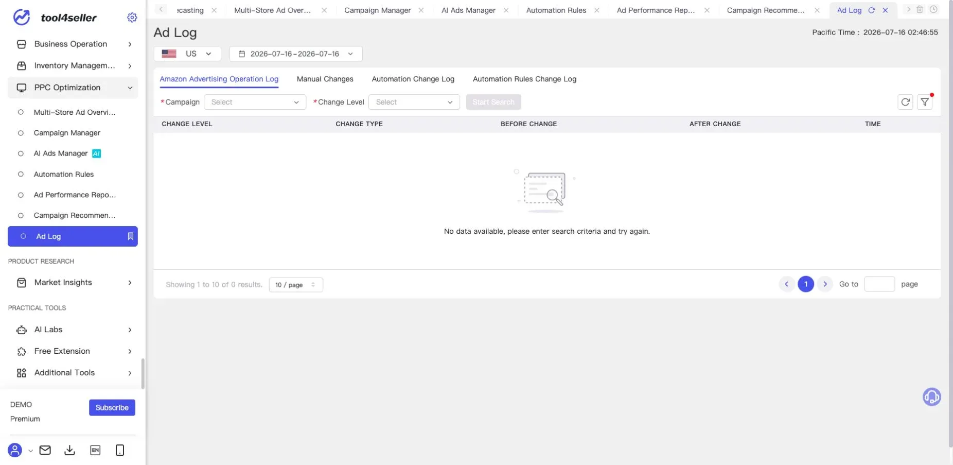 Interface tool4seller : Page actuelle « Ad Log » avec l’historique des modifications dans l’environnement de démonstration anonymisé.
