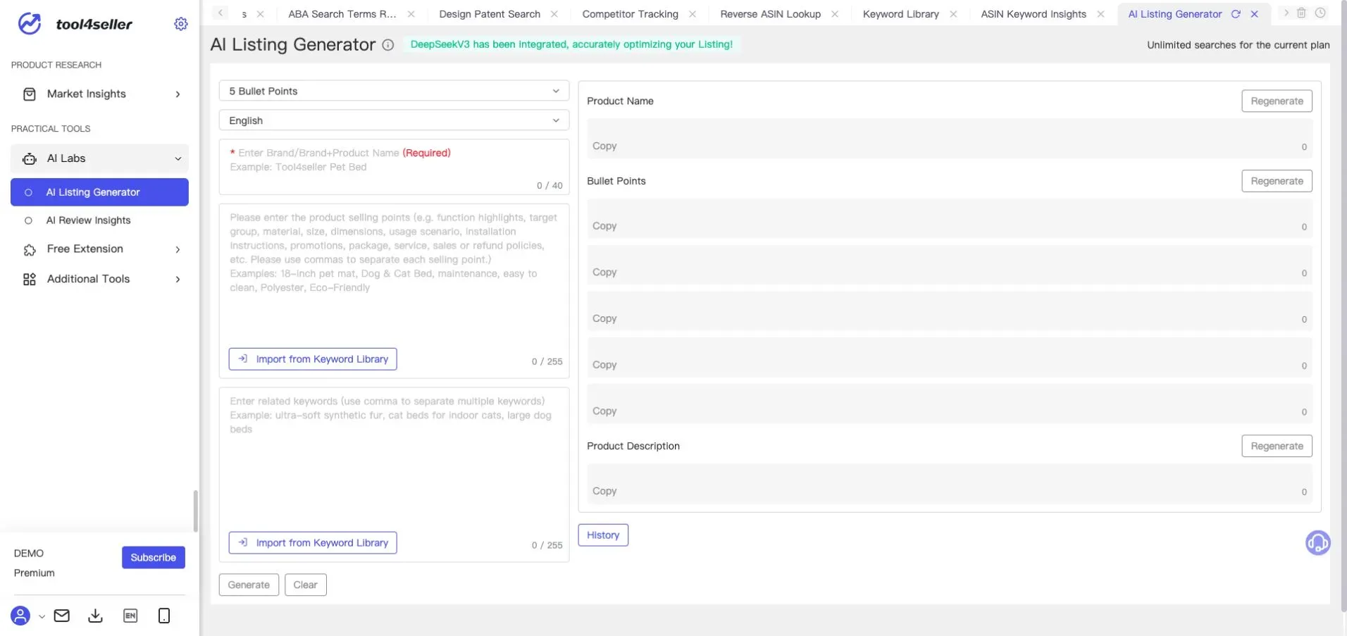 Interface tool4seller : Page actuelle « AI Listing Generator » avec des saisies et champs de brouillon anonymisés; vérifiez le contenu généré avant utilisation.