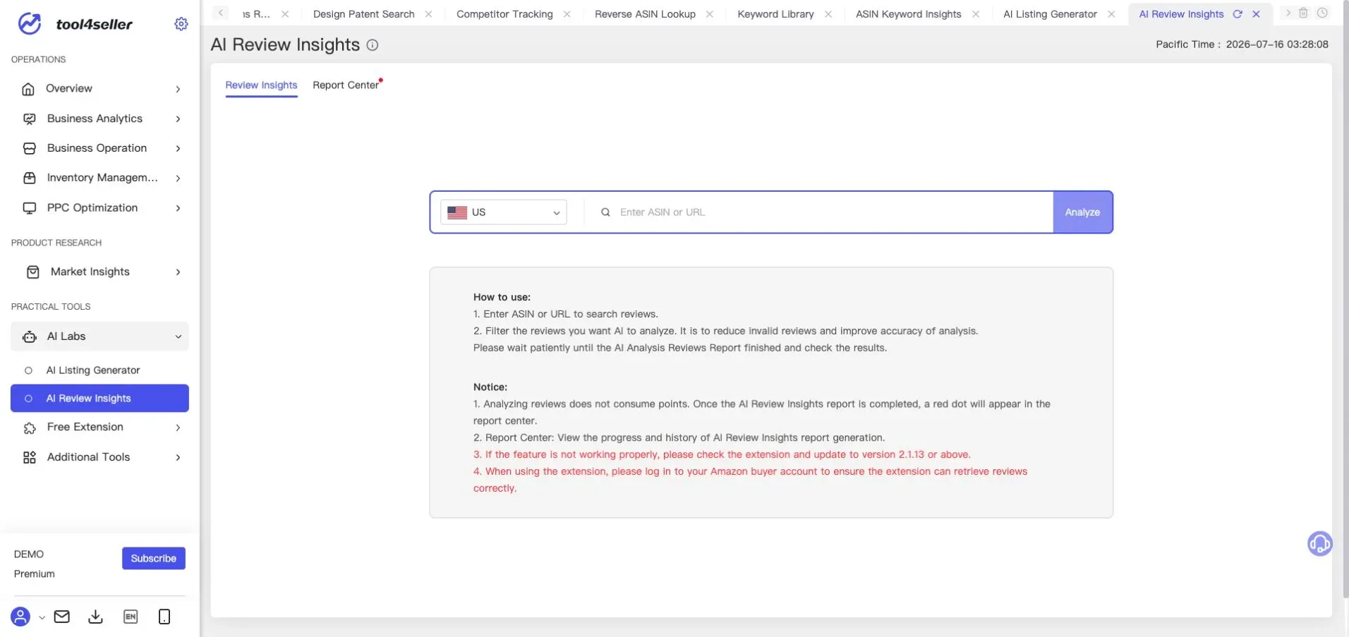 Interfaz de tool4seller: Página actual «AI Review Insights» con entrada de ASIN o URL y «Report Center» en el entorno de demostración anonimizado.