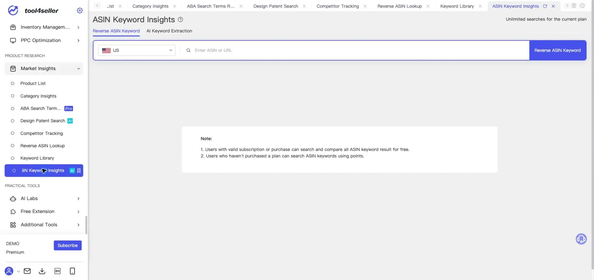 Current tool4seller ASIN Keyword Insights page showing sanitized demo ASIN and keyword research controls.