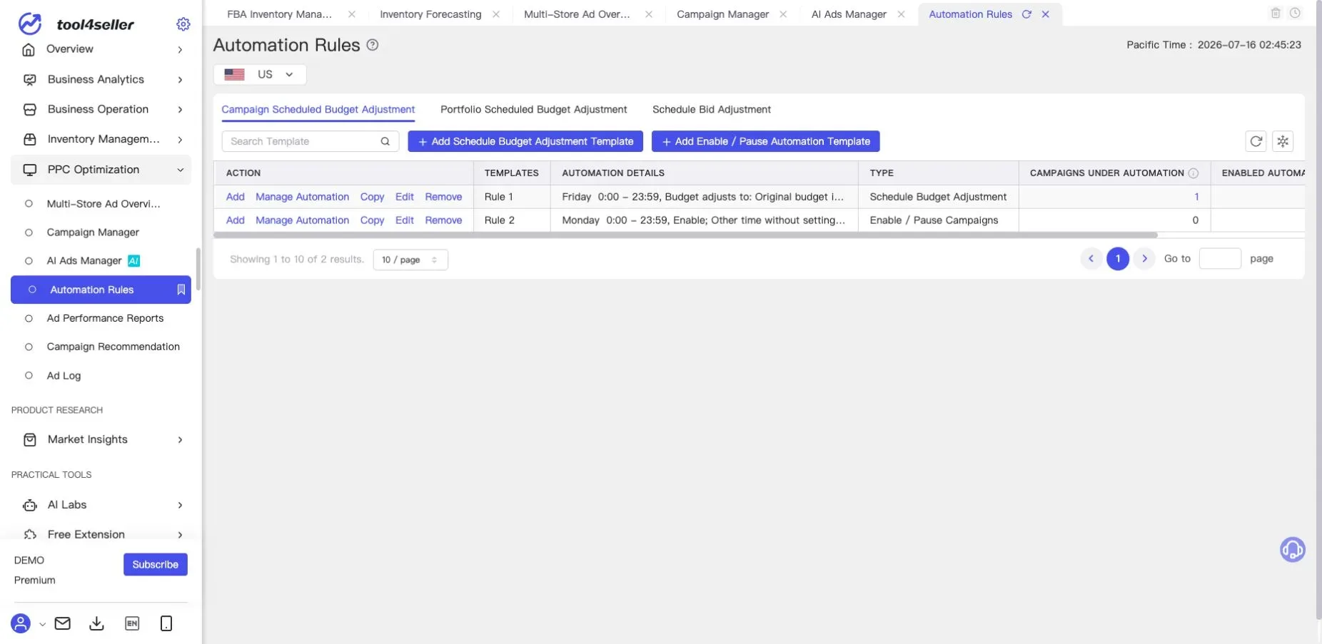 Current tool4seller Automation Rules page showing Campaign Scheduled Budget Adjustment, Portfolio Scheduled Budget Adjustment, and Schedule Bid Adjustment tabs in the sanitized demo environment.
