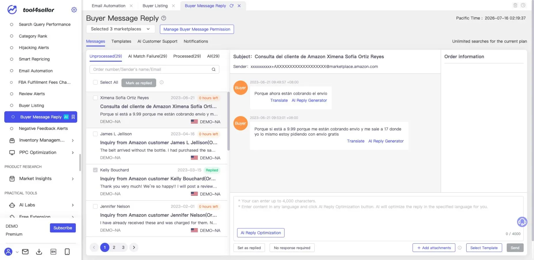 Current tool4seller Buyer Message Reply page showing sanitized demo messages, templates, AI Customer Support, notifications, and reply controls.