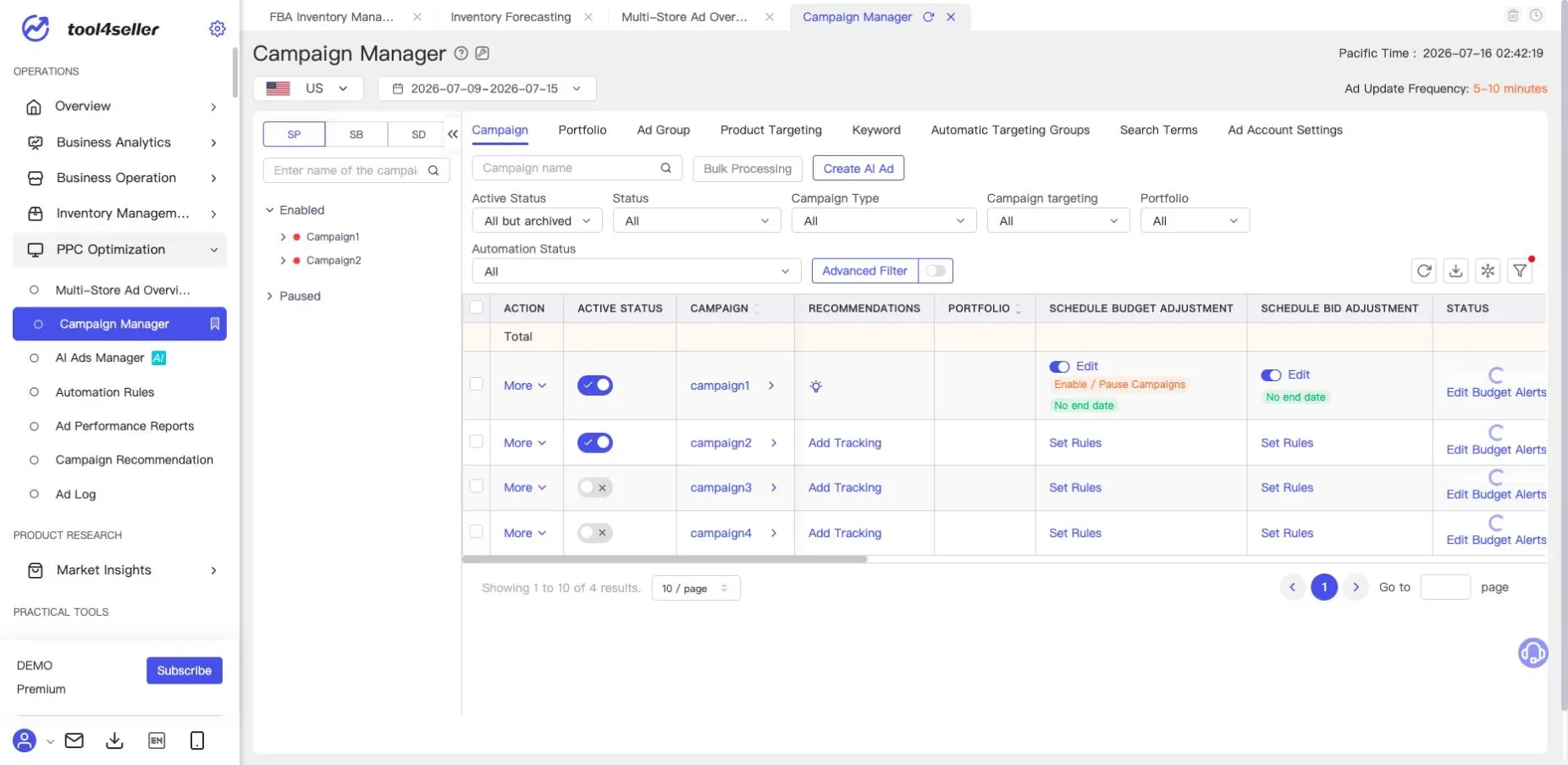 Interface tool4seller : Page actuelle « Campaign Manager » dans l’environnement de démonstration anonymisé.