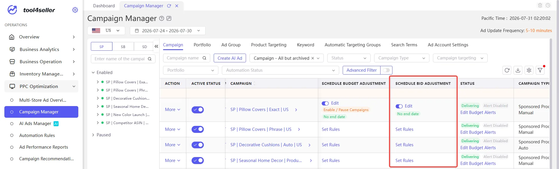tool4seller Campaign Manager page showing the Schedule Bid Adjustment column with Edit and Set Rules options for campaign bid automation.