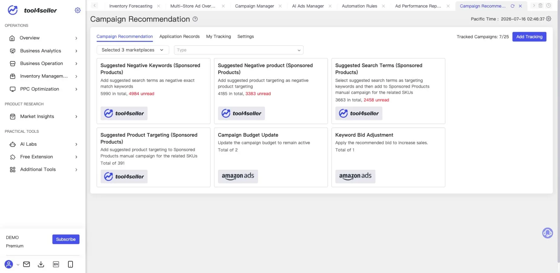 Interface tool4seller : Page actuelle « Campaign Recommendation » dans l’environnement de démonstration anonymisé; vérifiez les recommandations avant de les appliquer.