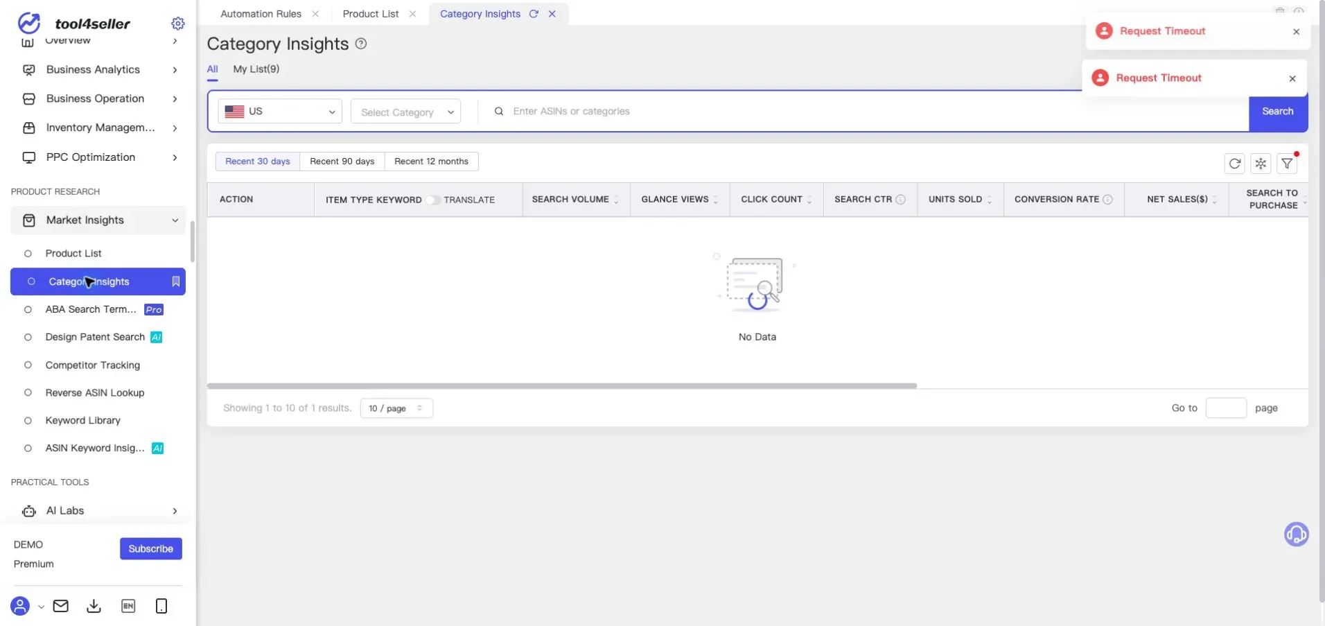 Interfaz de tool4seller: Página actual «Category Insights» del entorno de demostración anonimizado.